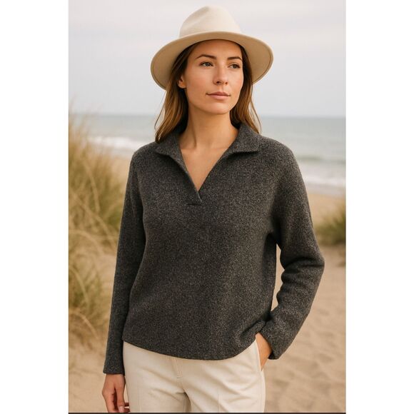 Eileen Fisher Sweaters - Eileen Fisher Merino Wool Cashmere Bouclé Collared Sweater Gray Size M